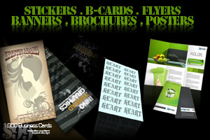 stickers, banners, flyers, business cards